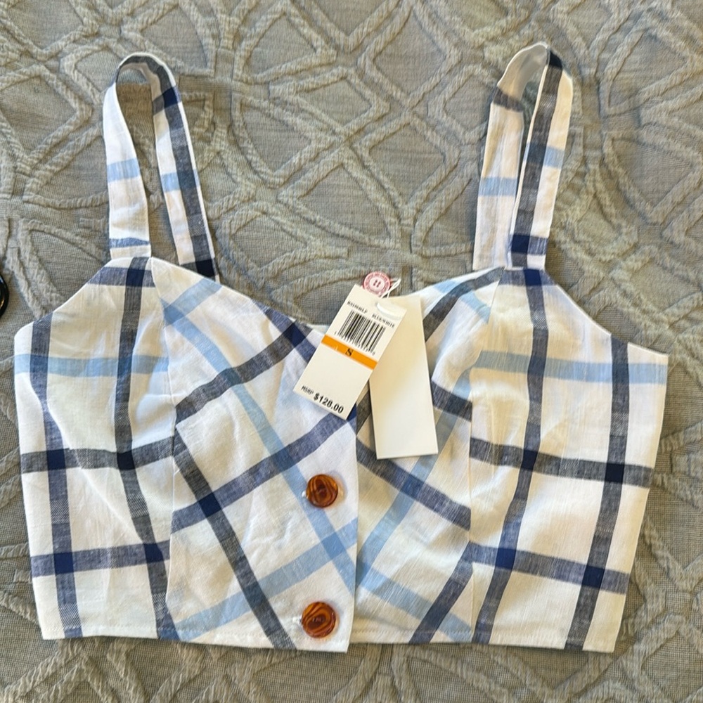 NEW Red Carter Linen Meet & Greet Gingham Crop Top Blue & White Size Small